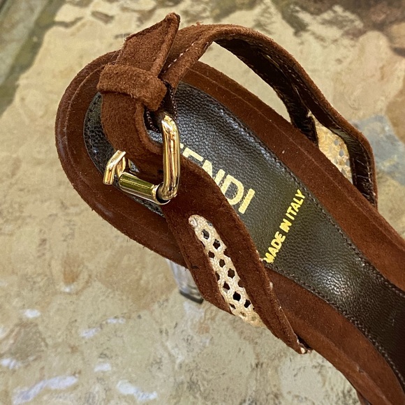 Fendi Brown Suede Peep Toe Mesh Clear Lucite Heels - Picture 8 of 16